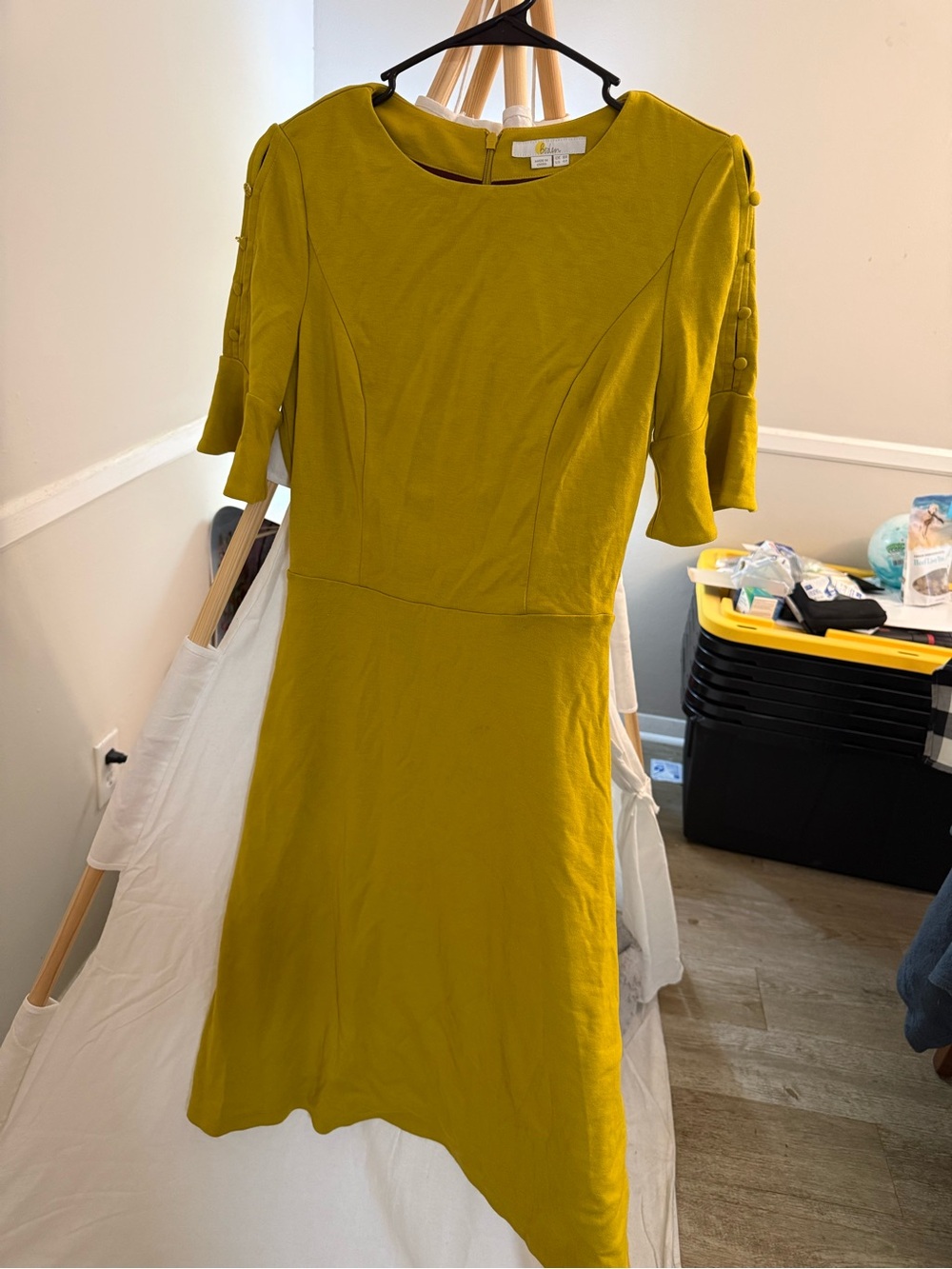 Boden Mustard Green Midi Dress with Button-Sleeve Detail